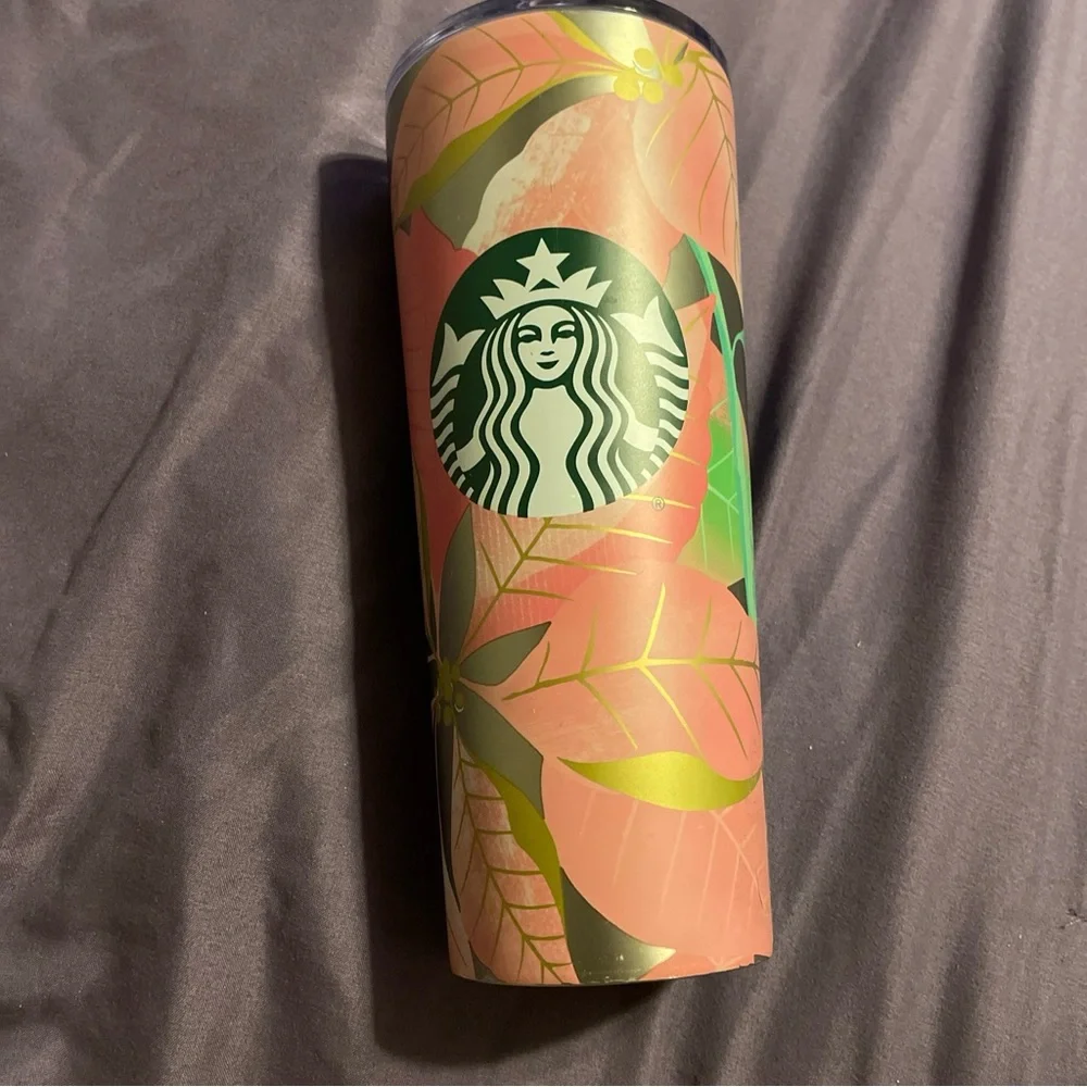 Starbucks Holiday 2020 Pink Poinsettia 24 oz Cold Cup Stainless Tumbler No Straw